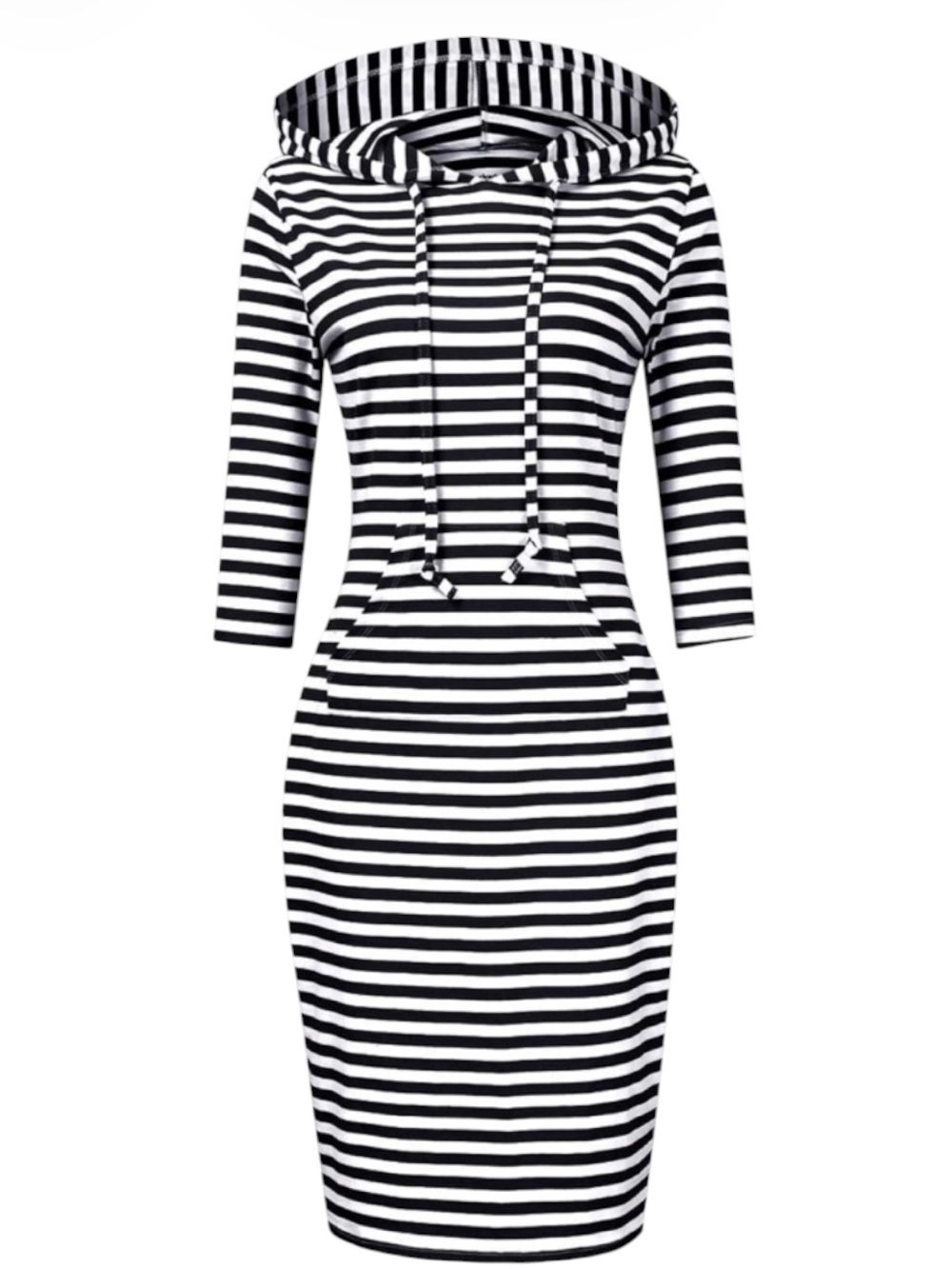 Black and White Striped Hoodie Dress with 3/4 Sleeves and Kangaroo Pocket